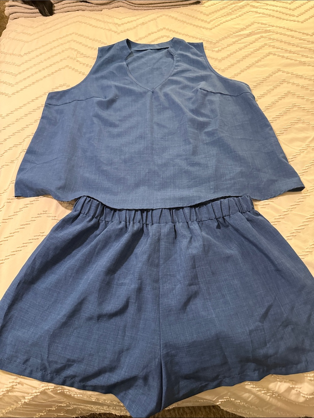 SHEIN Blue denim linen -Look Tank & Elastic-Waist Shorts Set